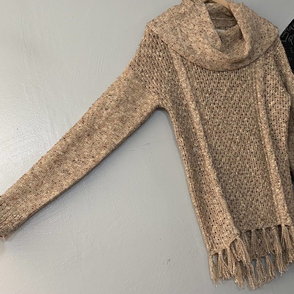 Bass Womens Small Marled Tan Boho Sweater Fringed Tunic Top Cowl Neck Cable Knit - Picture 2 of 8